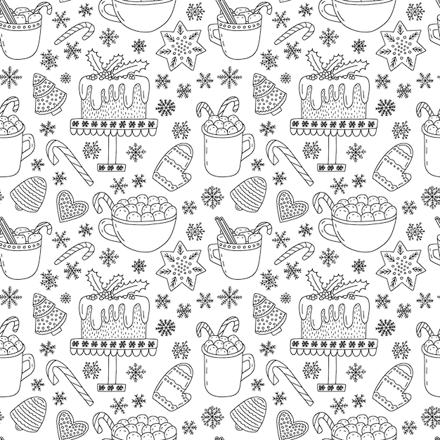 Tasty Christmas desserts doodle seamless pattern Cocoa with marshmallos and ginger cookies on white background