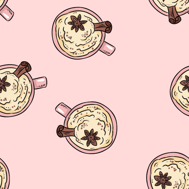 Tasty coffee drink with cinnamon and whipped cream cute cartoon seamless pattern.