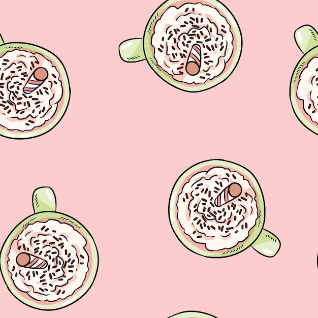 Tasty coffee drink with whipped cream cute cartoon seamless pattern.