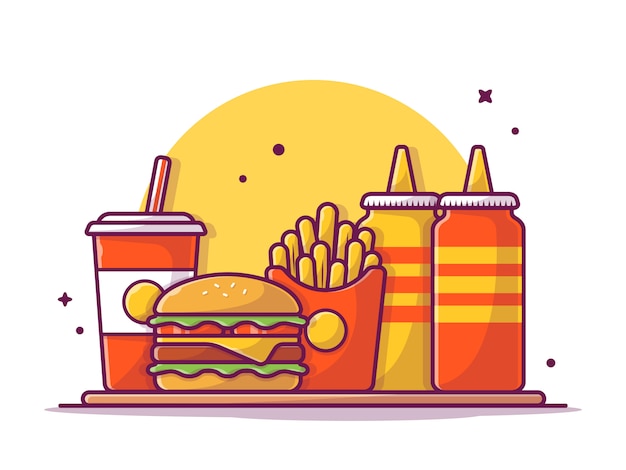 Vector tasty combo menu cheese burger with french fries, soda, ketchup and mustard     illustration white isolated