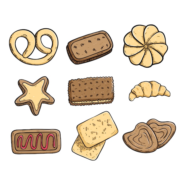 Tasty cookies collection with colored hand drawn or doodle style