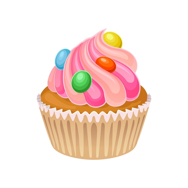 Tasty cupcake decorated with pink butter cream and multicolored candies Sweet muffin in wrapper baking cup Flat vector icon