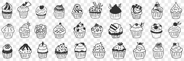 Insieme di doodle di gustosi cupcakes dessert