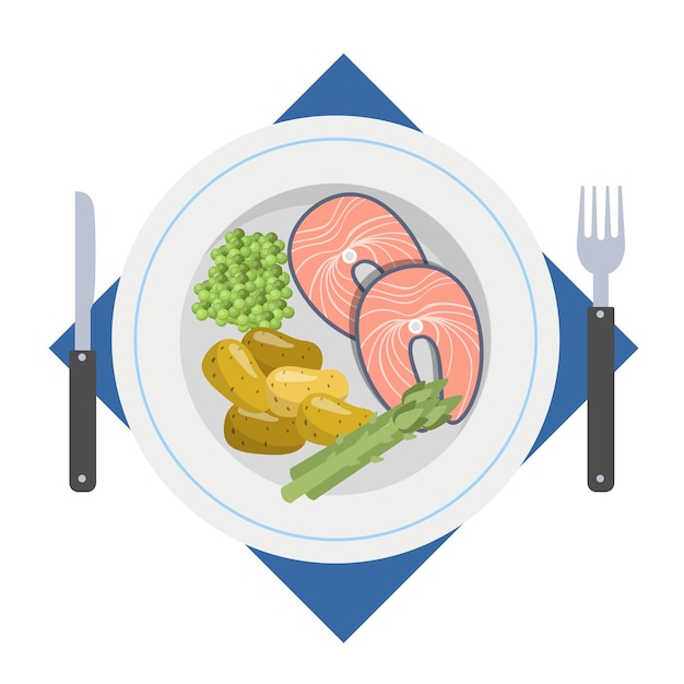 Gustosa cena con pesce e patate. delizioso pranzo con pasto caldo a base di pesce nel piatto. illustrazione