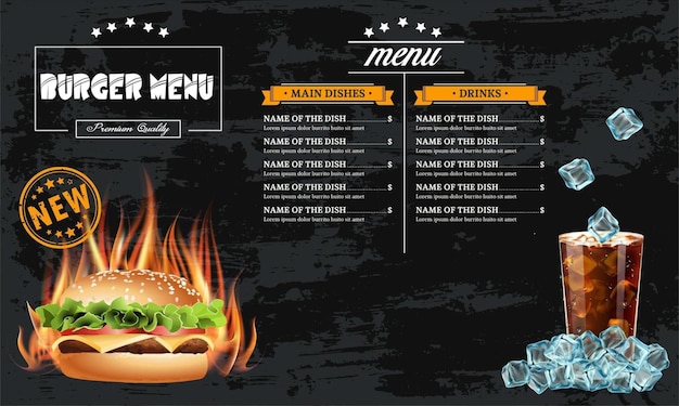 Vettore schema del menu dei gustosi hamburger fast food