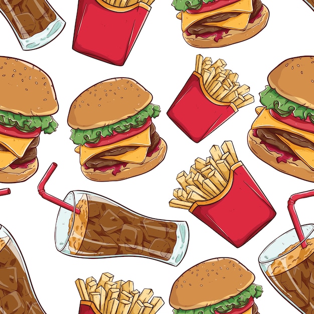 Tasty fast food with cheese burger, french fries and soda or cola in seamless pattern