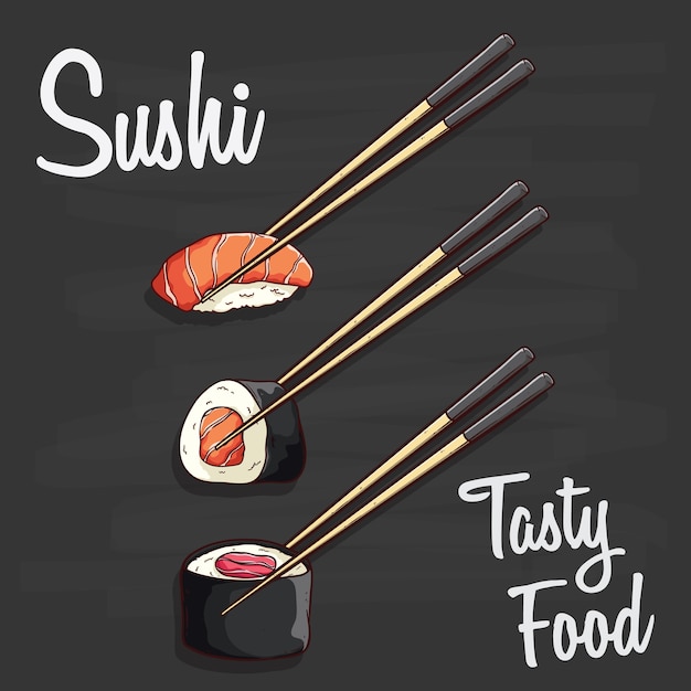 вкусная еда суши или японского набора морепродуктов и между двумя палочками для еды на доске