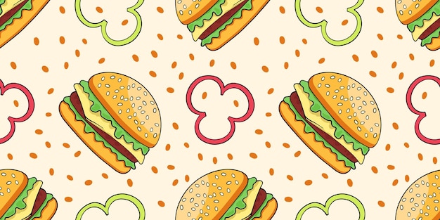 Gustoso hamburger o cheeseburger vettore modello senza cuciture nello stile di doodles disegnati a mano