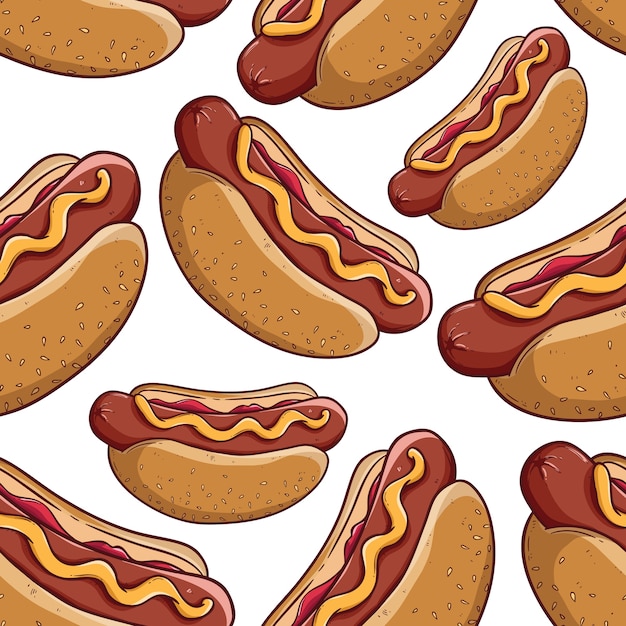 Tasty hotdog seamless pattern using coloring doodle art on white background