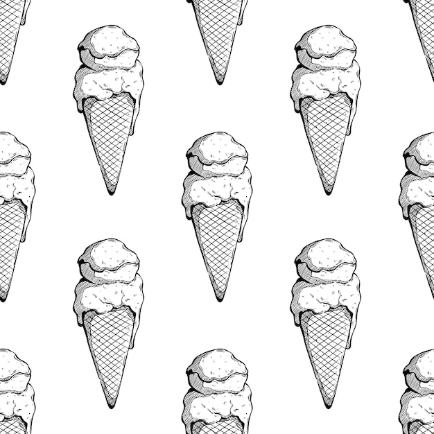 手描きスタイルのシームレスなパターンでおいしいアイスクリームコーン