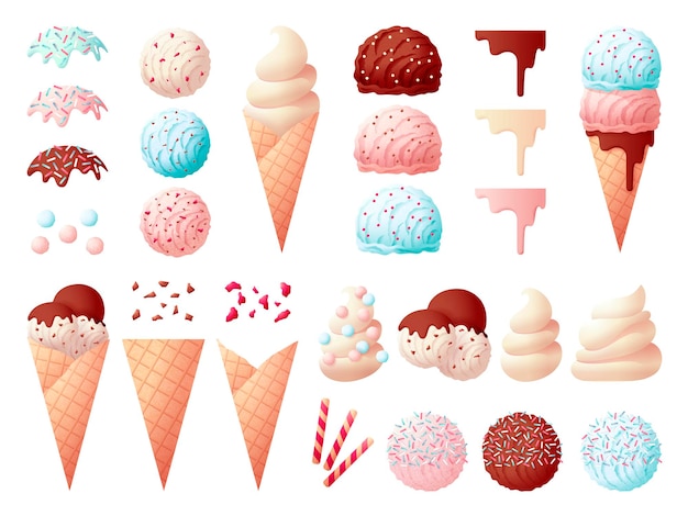 Вкусные элементы мороженого Конфеты-конструкторы десертов и сливочные шарики Вафельные рожки с жидким джемом и шоколадом Изолированные сладости шикарный векторный набор