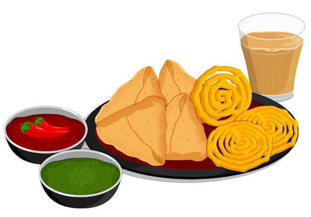 Vettore gustoso cibo di strada indiano con tè samosas jelabi e chutney