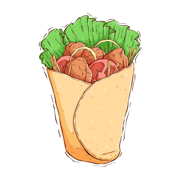 Kebab gustoso, burrito. panino shawarma con stile di disegno a mano colorato