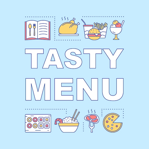 Tasty menu word concepts banner. delicious food. catering industry. recipe book. presentation, website. isolated lettering typography idea with linear icons. vector outline illustration