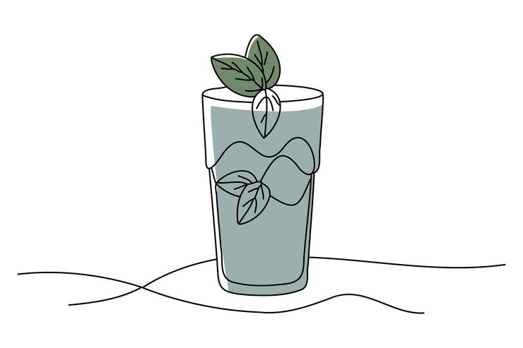 Vector tasty mint julep cocktail glass doodle continuous line art vector illustration