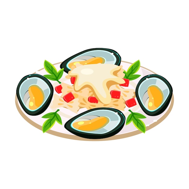 Vector tasty mussels with noodels on a dish. vector illustration