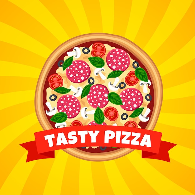 Tasty pizza with ribbon top view on striped yellow background for web, advert, menu