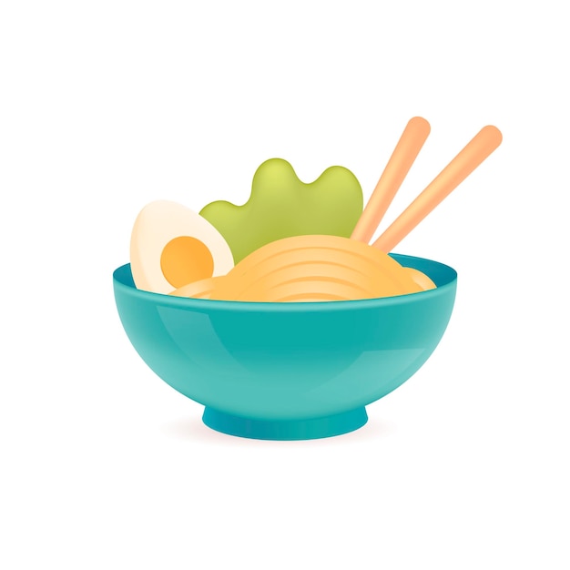 Tasty ramen in blue bowl 3D illustration