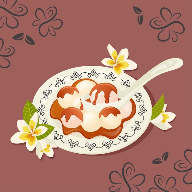 Tasty rice balls with syrup on porcelain plate with spoon sakura flowers Asian traditional dish Vector