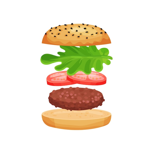 Vector tasty sandwich with flying ingredients grilled cutlet slices of tomatoes and green lettuce leaf flat vector design for cafe menu