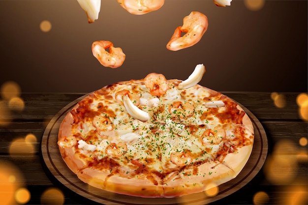 Vettore annunci di gustosi frutti di mare pizza con gamberetti volanti e anello di calamari nell'illustrazione 3d, sfondo glitter tavolo in legno