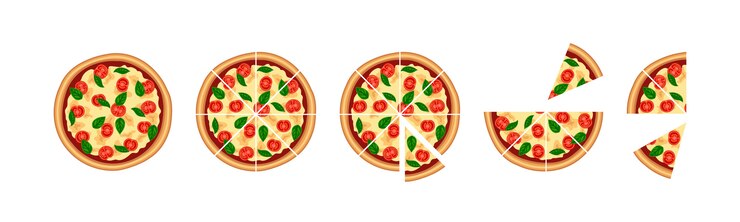 Vector tasty sliced pizza set. piece of margherita with tomato, cheese, basil top view isolated on white background. flat traditional italian fast food icon. illustration for web, advert, menu
