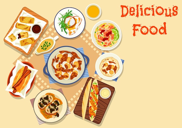 tasty snack dishes icon for lunch menu design