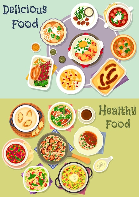 Vector tasty snacks icon set for menu or cookbook design