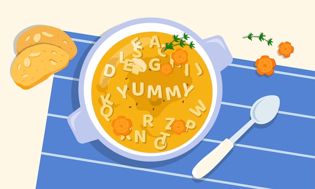 Vector tasty soup in a bowl with the addition of letters from pasta, greens and carrots, cooked by loving and creative parents for their children. picky eating problem. parenting challenges. health, wellness