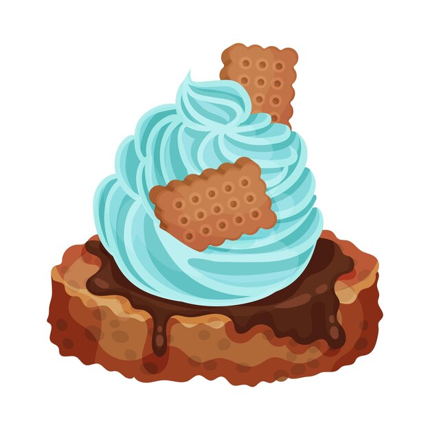 Vector tasty sweet cupcake delicious dessert with light blue cream and cookies vector illustration on white background