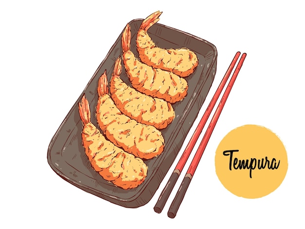 Gustosa tempura illustrazione vettoriale di cibo giapponese o asiatico con stile di disegno a mano colorato