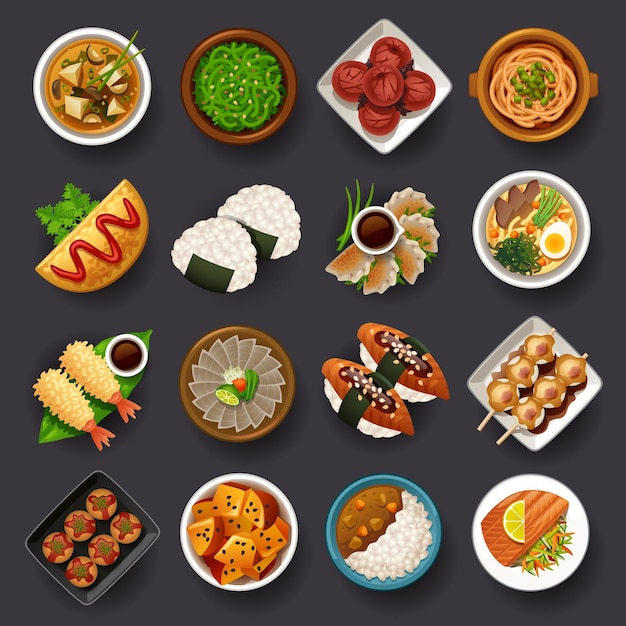 Gustosa icona vettoriale set di cibo giapponese Vettore Premium