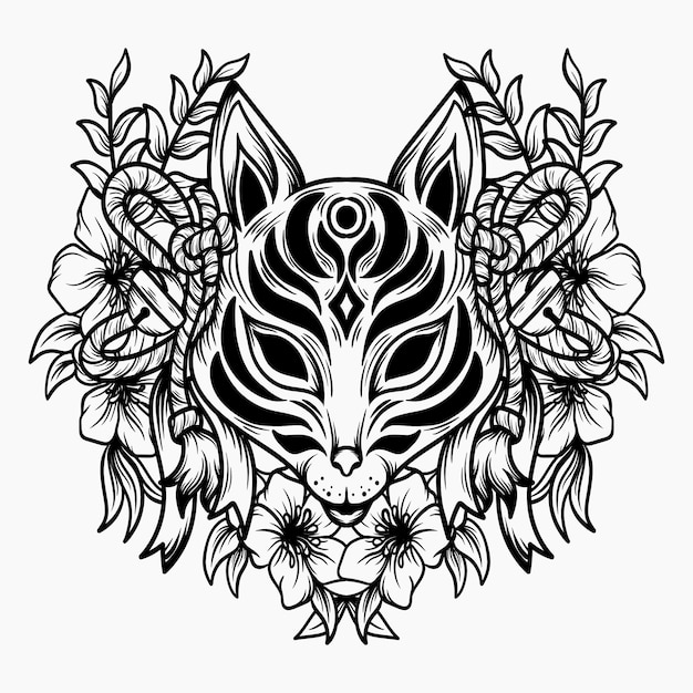 Vector tatoeage en t-shirt ontwerp zwart en wit met de hand getekende kistune masker met bloemen gravure