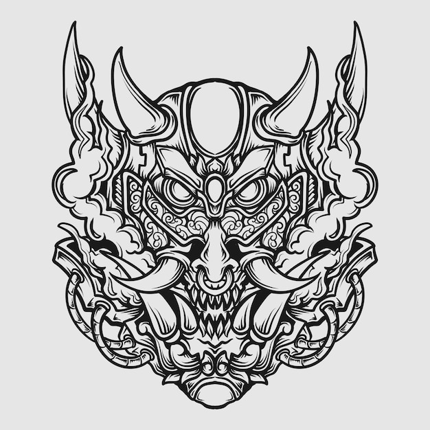 Tatoeage en t-shirt ontwerp zwart-wit hand getekend oni masker graveren ornament