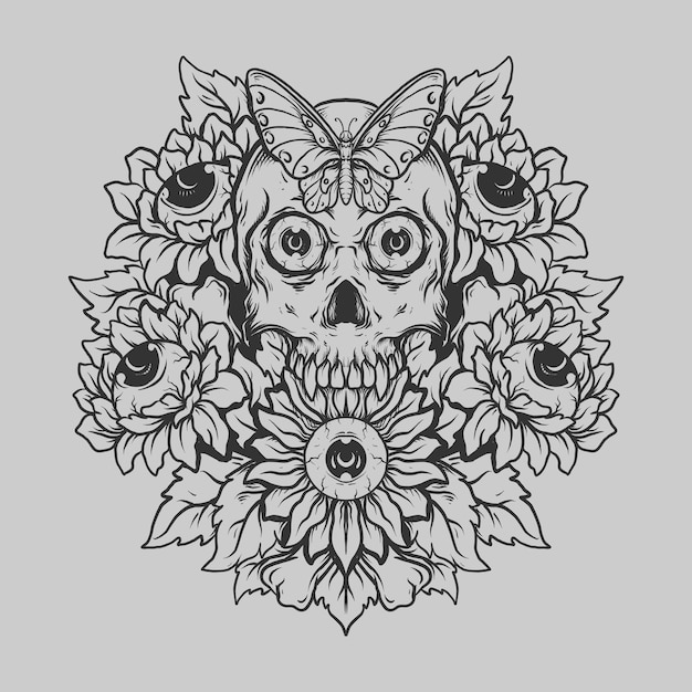 Tatoeage en t-shirt ontwerp zwart-wit hand getekende schedel en zon bloem gravure ornament