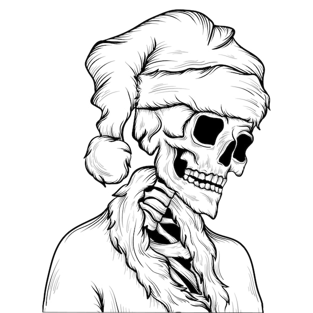 tatoeage en t-shirt ontwerp zwart-wit hand getekende schedel met Santa's rode hoed gravure ornament