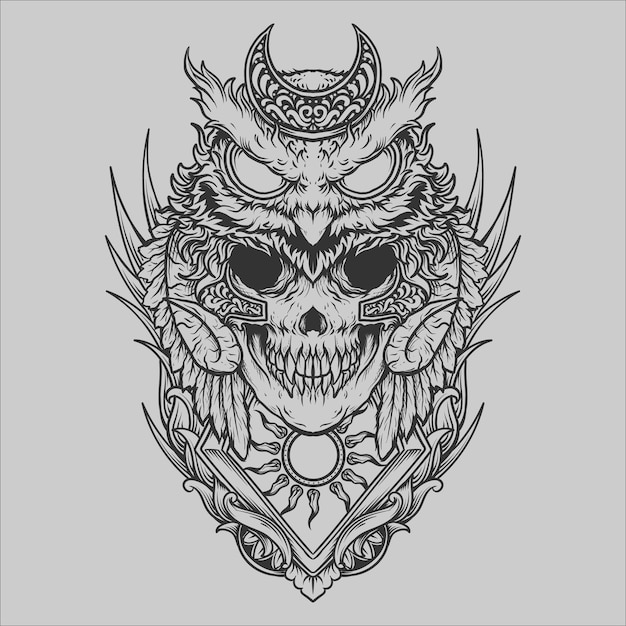 tatoeage en t-shirt ontwerp zwart-wit hand getekende uil schedel gravure ornament