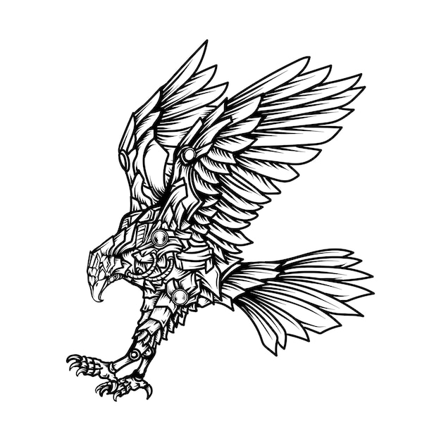 Vector tatoeage en t-shirt ontwerp zwart-wit hand getrokken illustratie robot eagle