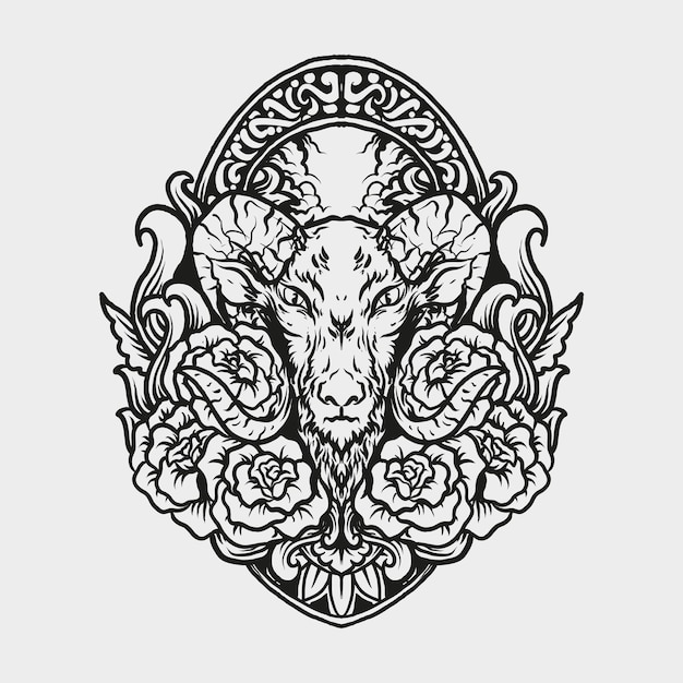 tatoeage en t-shirtontwerp geit en rosae gravure ornament