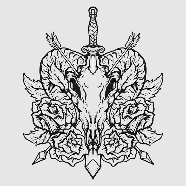 tatoeage en t-shirtontwerp zwart-wit handgetekende geitenschedel en roos met zwaard en pijl