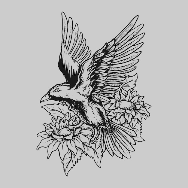 Vector tatoeage en t-shirtontwerp zwart-wit handgetekende vogel en bloemgravure ornament