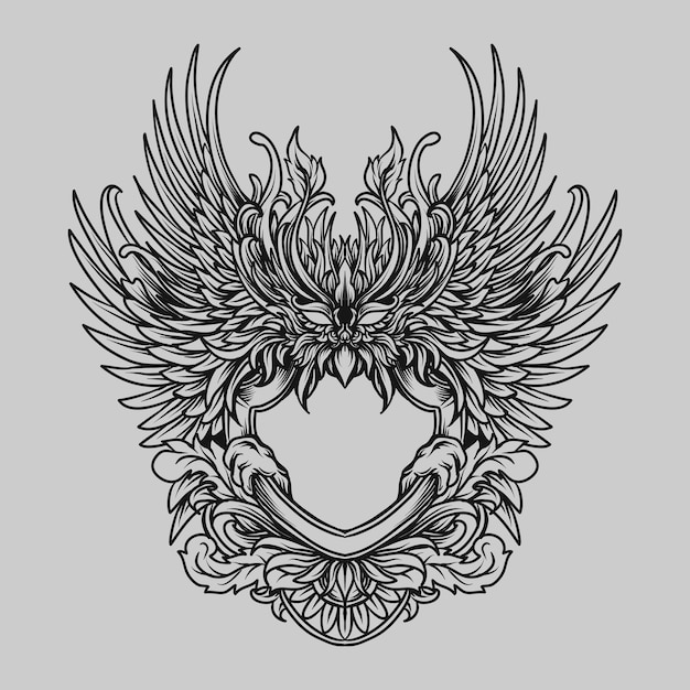 Tatoeage en t-shirtontwerp zwart-wit phoenix frame ornament