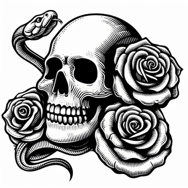 tatoeage schedel slang rozen vector