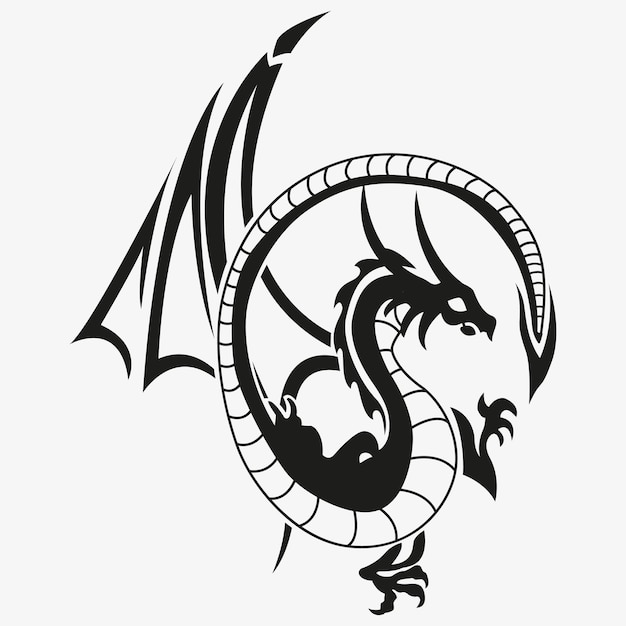 Вектор Татуировка и дизайн футболки черно-белый ручной рисунок дракона с большим хвостом