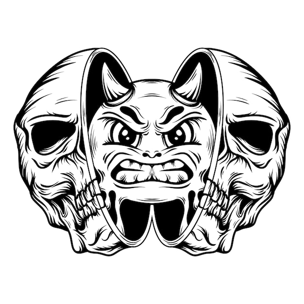 Вектор Татуировка и дизайн футболки черно-белый рисованный рукой сумасшедший смайлик в середине черепа