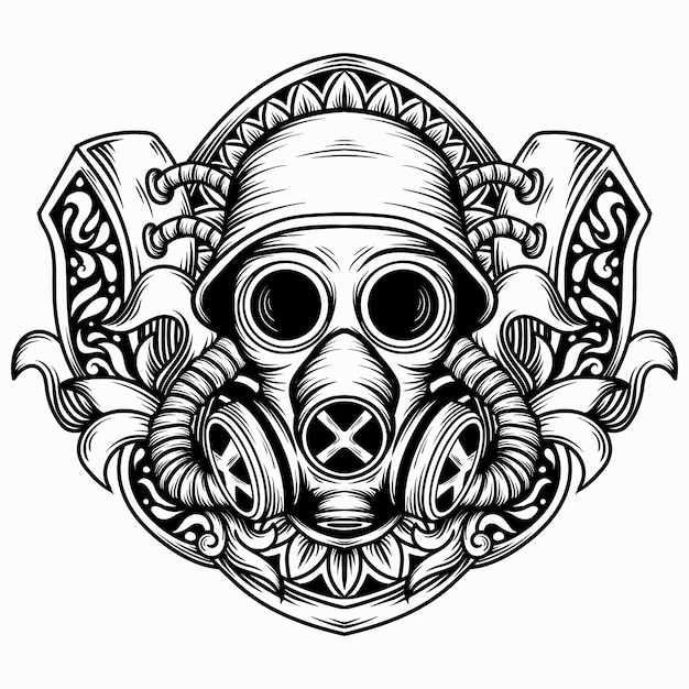 ベクトル タトゥーとtシャツのデザイン 黒と白の手描きのマスク  ⁇ 刻の飾り付きのガス