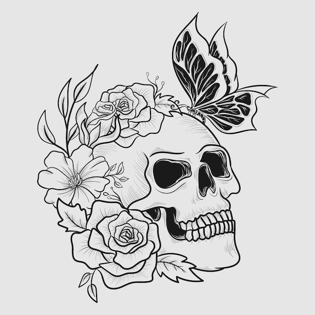 ベクトル タトゥーと t シャツのデザイン黒と白の手描きの頭蓋骨のバラと蝶の彫刻飾り
