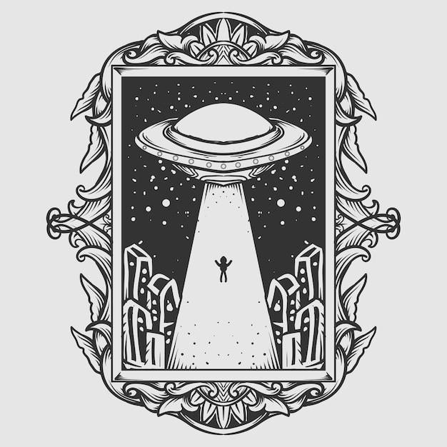 문신과 티셔츠 디자인 흑백 손으로 그린 Ufo 조각 장식