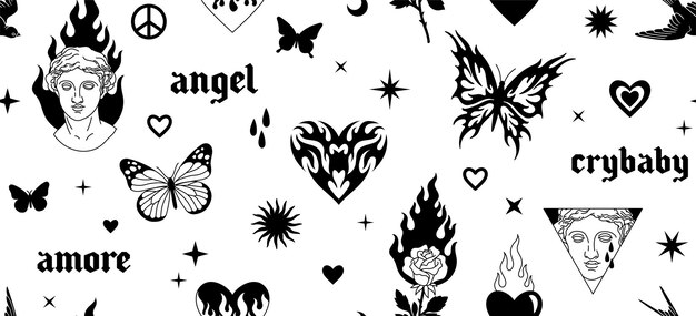 Tattoo art 1990s 2000s Y2k seamless pattern Butterfly fire flame heart greek statue