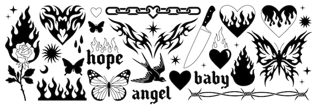 Vector tattoo art 1990s 2000s y2k stickers butterfly barbed wire fire flame chain heart